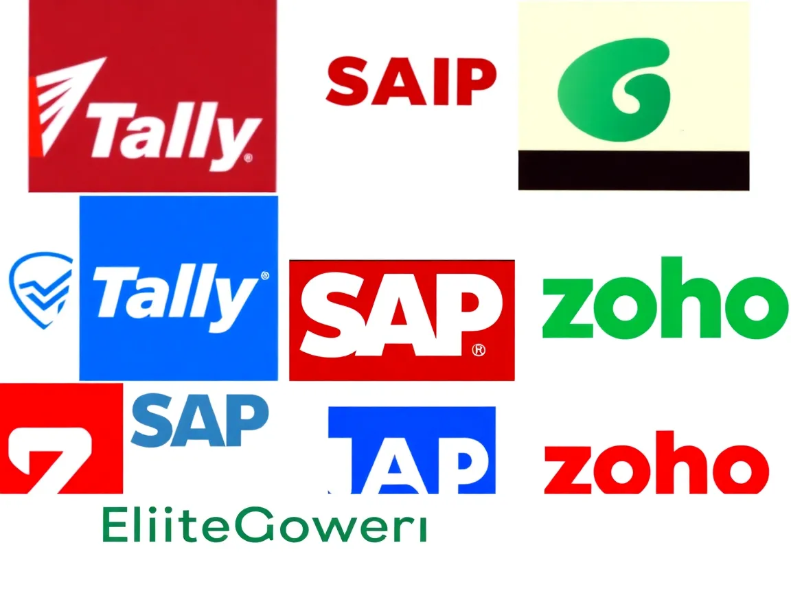 A collage of logos of popular Indian ERP and accounting software like Tally, SAP, and Zoho.