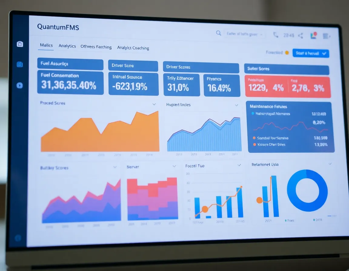 A detailed analytics dashboard from QuantumFMS showing graphs of fuel consumption, driver scores, and maintenance costs over time.