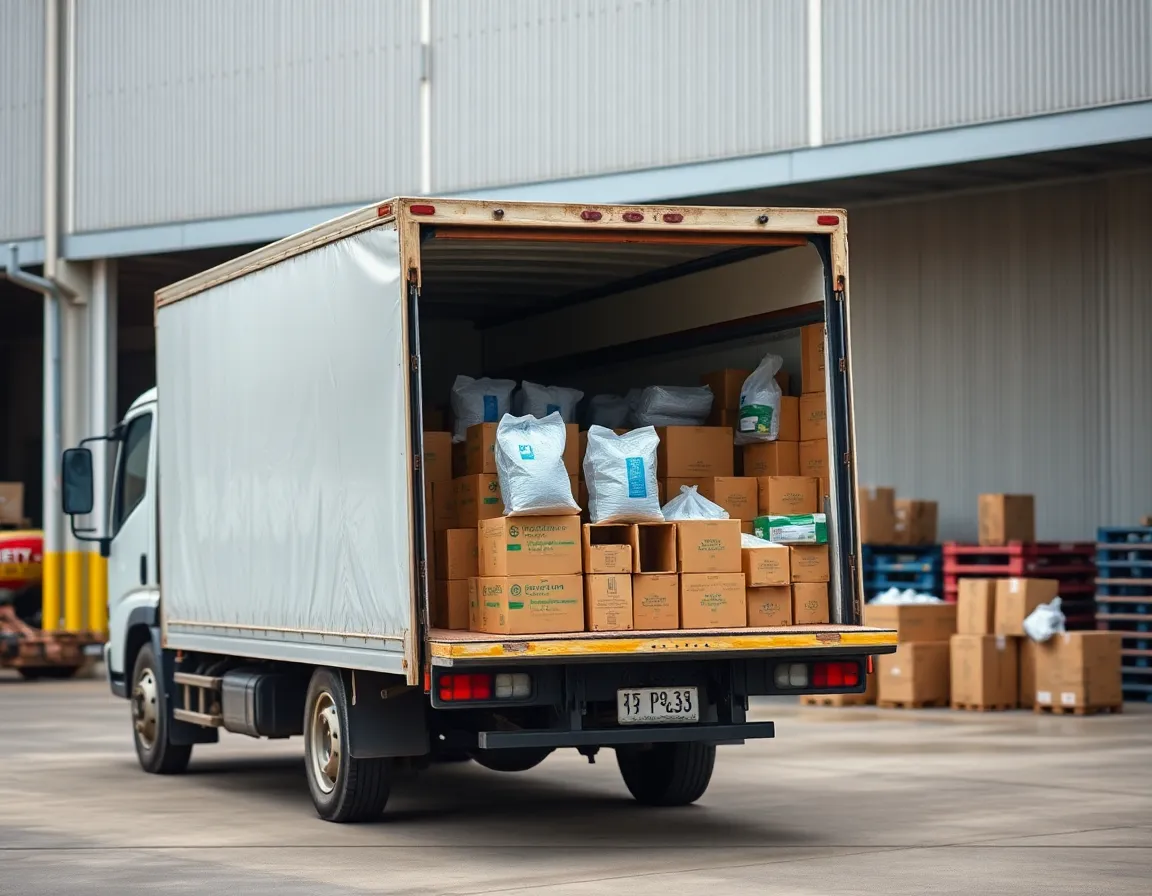A distribution truck being loaded with consumer goods outside a warehouse.