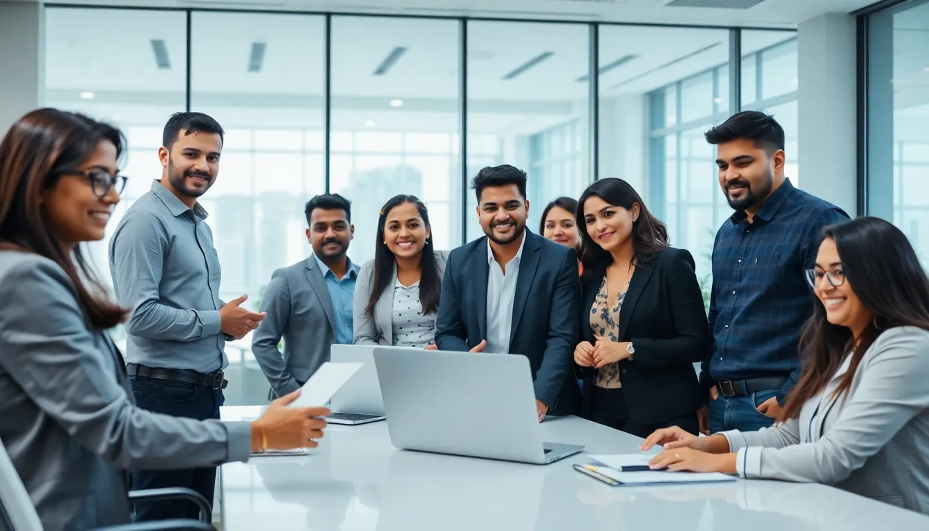 A group of diverse professionals collaborating in a modern office in Gurugram.