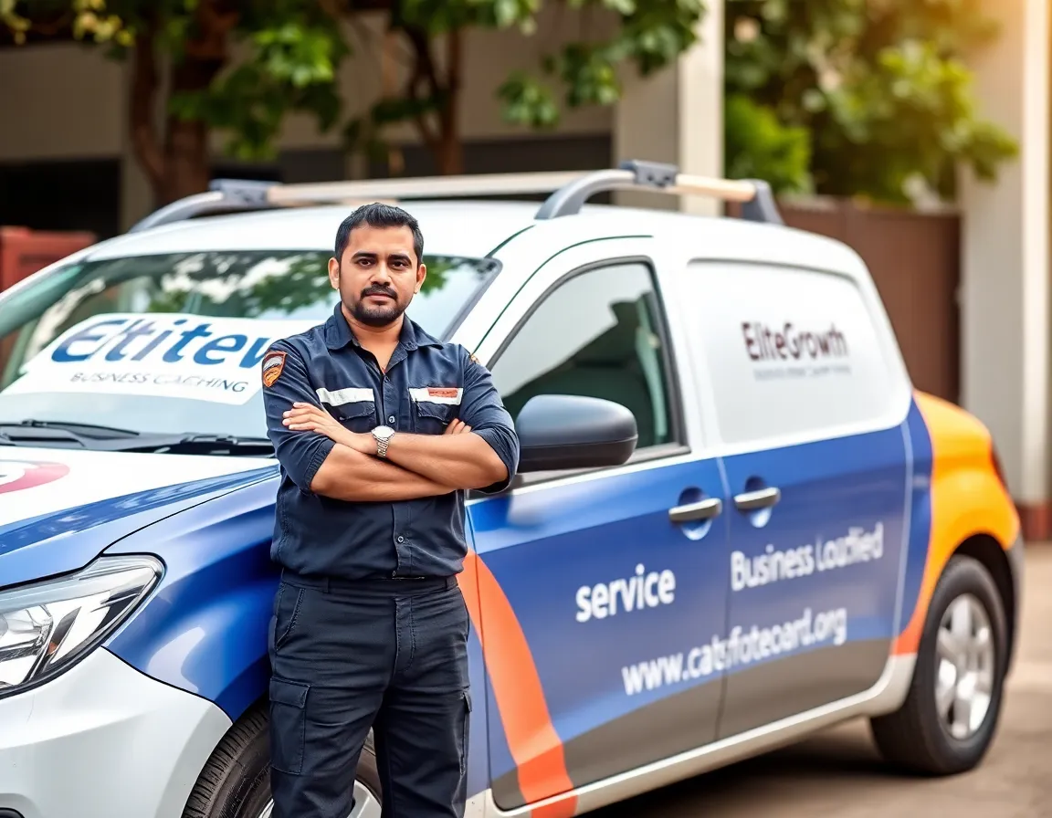 A technician in uniform standing next to a branded service vehicle.