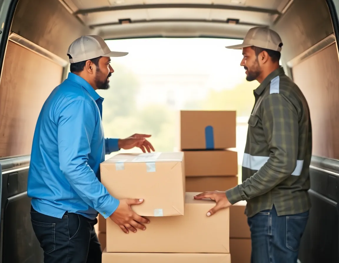 E-commerce delivery personnel loading packages into a van.